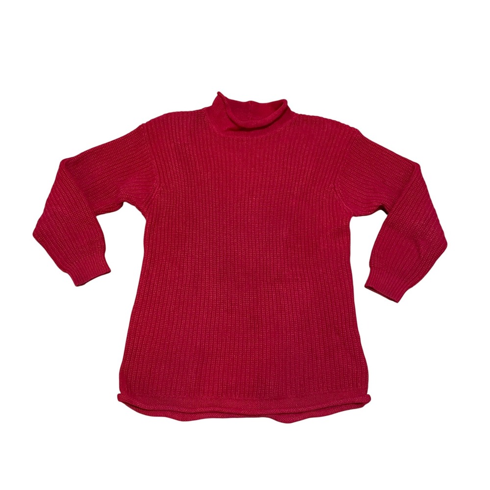SK Wear Petite Women's M Red Ribbed Mock Roll Neck Ramie Cotton Knit Sweater